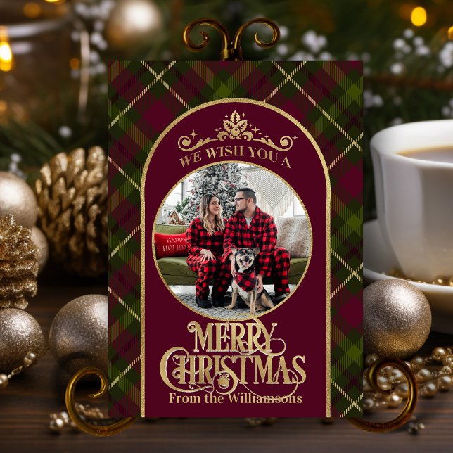 Cartes Pour Fêtes Annuelles Bourgogne & Plaid Vert Avec Nom Et Photo Noël (elegant classic Christmas card burgundy, green and gold personalized with family name and photo)