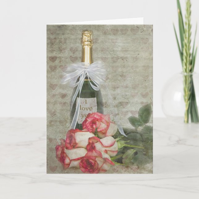 Cartes Pour Fêtes Annuelles Bouteille de Champagne Valentine avec Rose (Devant)
