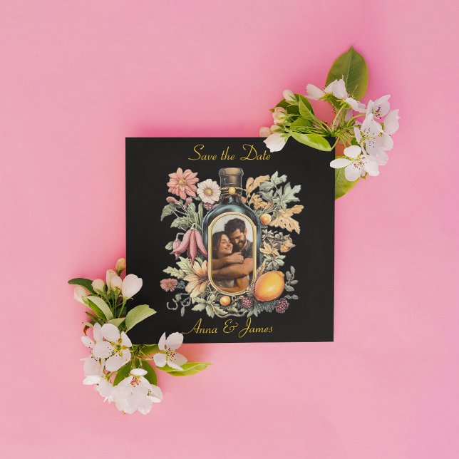 Cartes Pour Fêtes Annuelles bouteille de vin botanique, sauvegarder la date (Créateur téléchargé)