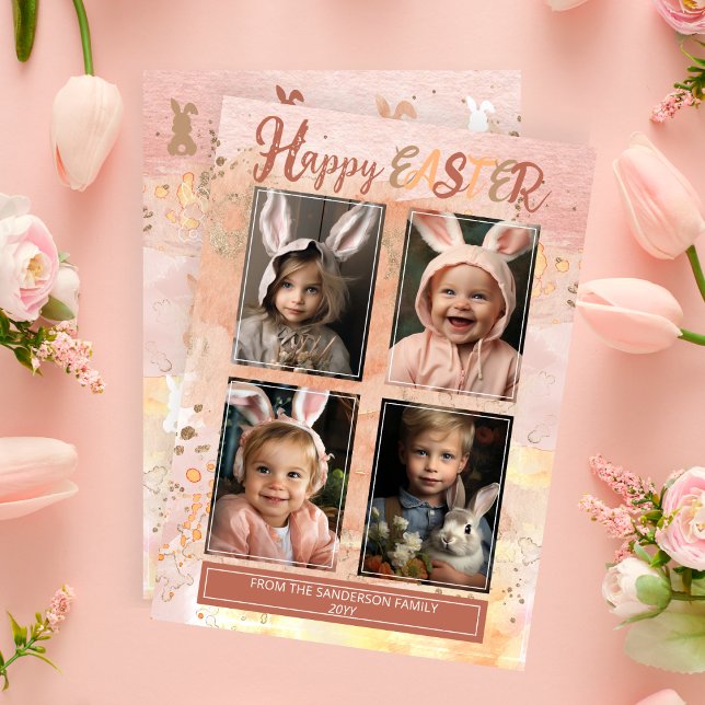 Cartes Pour Fêtes Annuelles Bouteilles D'Oeuf Abstraites 4 Photo Joyeux Pâques (Easter Egg Dye Splatters Abstract "Happy Easter" Four-Photo Easter Flat Greeting Card)