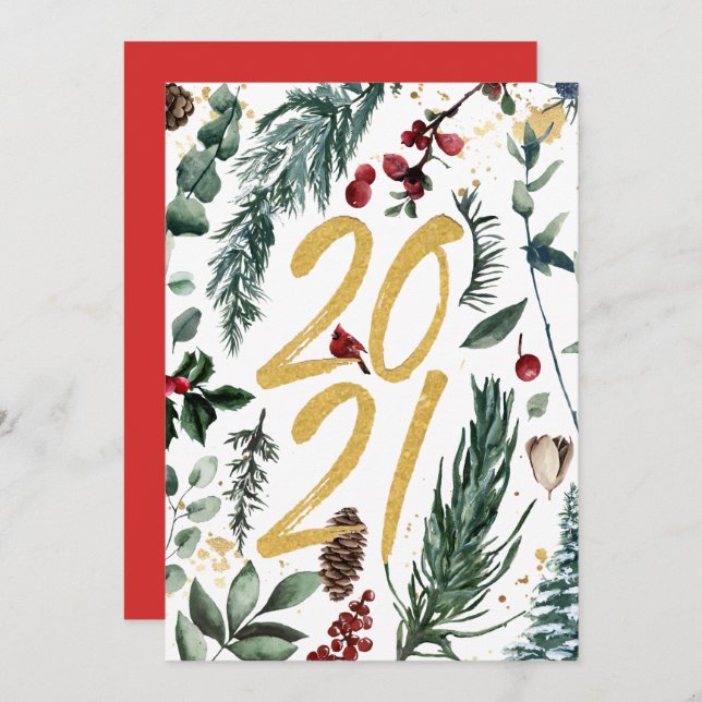 Cartes Pour Fêtes Annuelles Bouton de pin de 2021 Magnolia Berry rouge (Devant / Derrière)
