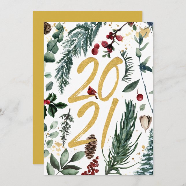 Cartes Pour Fêtes Annuelles Bouton de pin de 2021 Magnolia Berry rouge (Devant / Derrière)