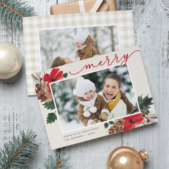 Cartes Pour Fêtes Annuelles Bouton rustique | Aquarelle Florale Photo Noël (Créateur téléchargé)