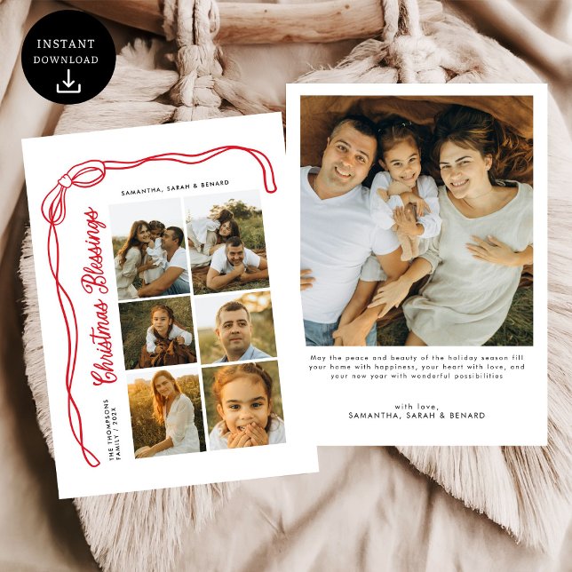 Cartes Pour Fêtes Annuelles Bow Christmas Blessings Family 6 Photos (Créateur téléchargé)
