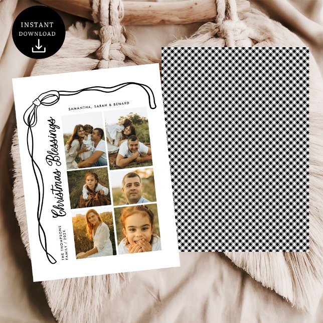 Cartes Pour Fêtes Annuelles Bow Christmas Blessings Family 6 Photos Plaid (Créateur téléchargé)