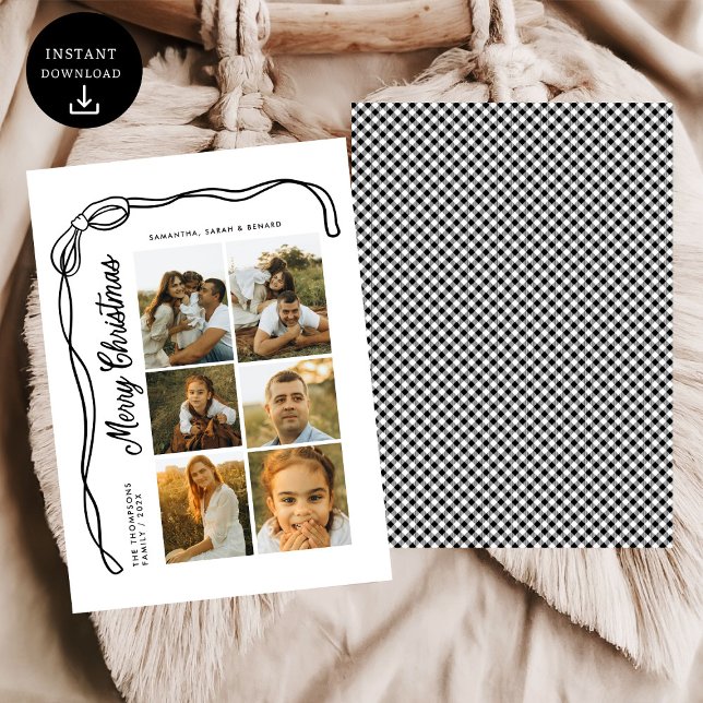 Cartes Pour Fêtes Annuelles Bow Merry Christmas Family 6 Photos Plaid (Créateur téléchargé)