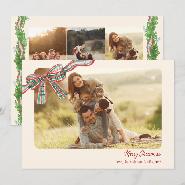 Cartes Pour Fêtes Annuelles Bow rustique Noël 4 Photos ruban plastique (Devant / Derrière)