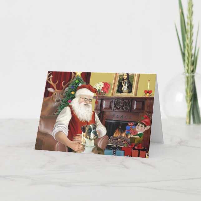 Cartes Pour Fêtes Annuelles Boxer à père Noël (oreilles naturelles) (Devant)