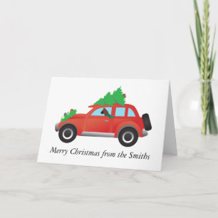 Cartes Pour Fêtes Annuelles Boxer Chien voiture avec arbre de Noël sur le dess