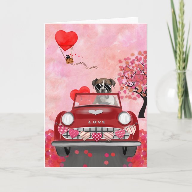 Cartes Pour Fêtes Annuelles Boxer Chien voiture avec les coeurs Valentine's (Devant)