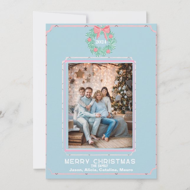 Cartes Pour Fêtes Annuelles Boxwood Wreath  with Pink Bows (Devant)