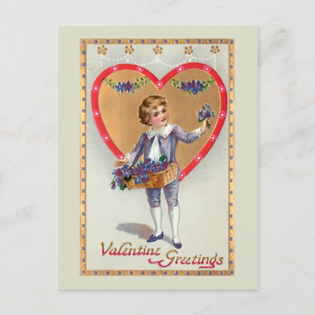 Cartes Pour Fêtes Annuelles Boy victorien avec Valentine Heart et Lilacs (Devant)