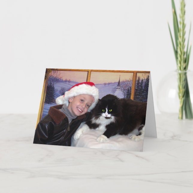 Cartes Pour Fêtes Annuelles Boy with cat at Christmas (Devant)