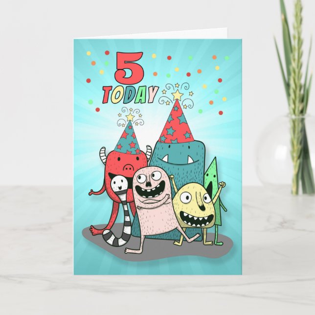 Cartes Pour Fêtes Annuelles Boys 5e anniversaire Monstres de dessin rouge et b (Devant)