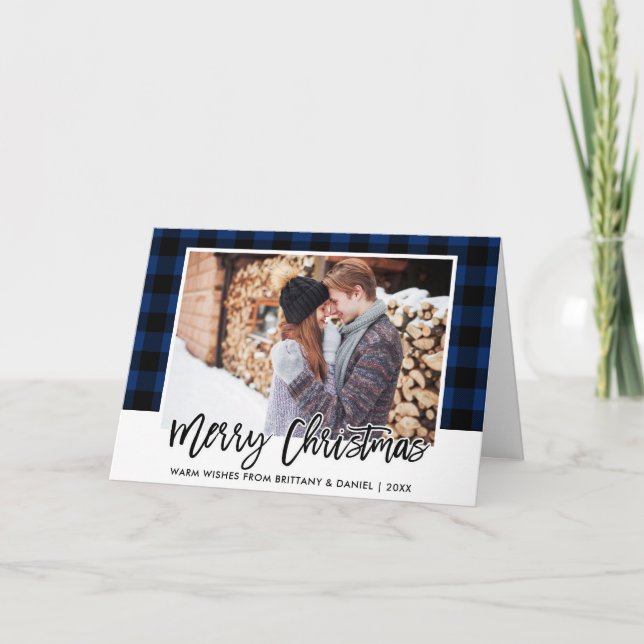Cartes Pour Fêtes Annuelles Bracelet Script bleu Plaid Couple photo Noël (Devant)