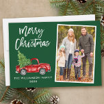 Cartes Pour Fêtes Annuelles Bracelet Script Camion Vintage Photo Christmas Gre<br><div class="desc">Script de brosse moderne Aquarelle Vintage Camion rouge avec arbre de Noël - Joyeux Noël Famille Photo Green Holiday Card</div>