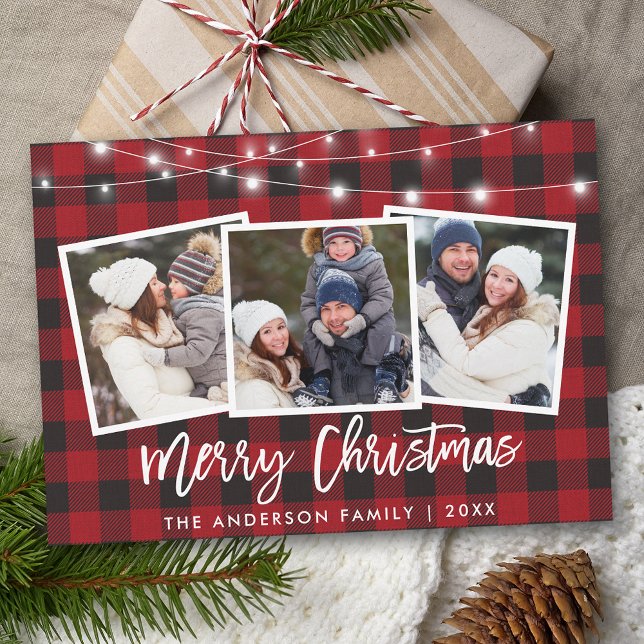 Cartes Pour Fêtes Annuelles Bracelet Script Lights 3 Photo Christmas Red Plaid (Customize to add text to back of card.)