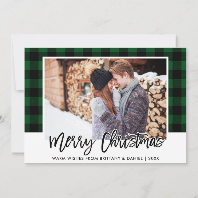 Cartes Pour Fêtes Annuelles Bracelet Script Vert Plaid Couple photo Noël (Devant)