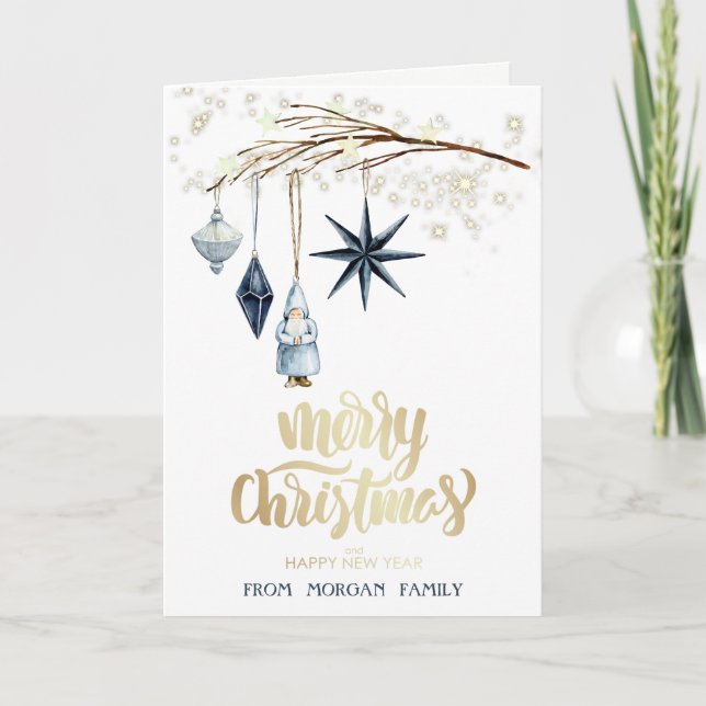 Cartes Pour Fêtes Annuelles Branche d'arbre, Boules, Père Noël, Étoiles (Devant)