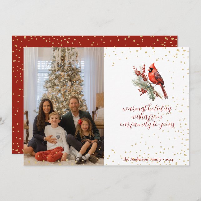 Cartes Pour Fêtes Annuelles Branche de houx cardinal hivernal à l'aquarelle ru (Devant / Derrière)