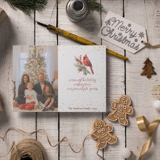 Cartes Pour Fêtes Annuelles Branche de houx cardinal hivernal aquarelle rustiq (Créateur téléchargé)