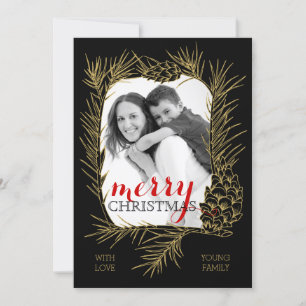 Cartes Pour Fêtes Annuelles Branche en pin doré et cadre en cône Joyeux Noël
