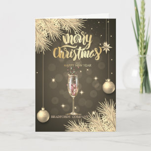 Cartes Pour Fêtes Annuelles Branches de pin, boules, verre à champagne