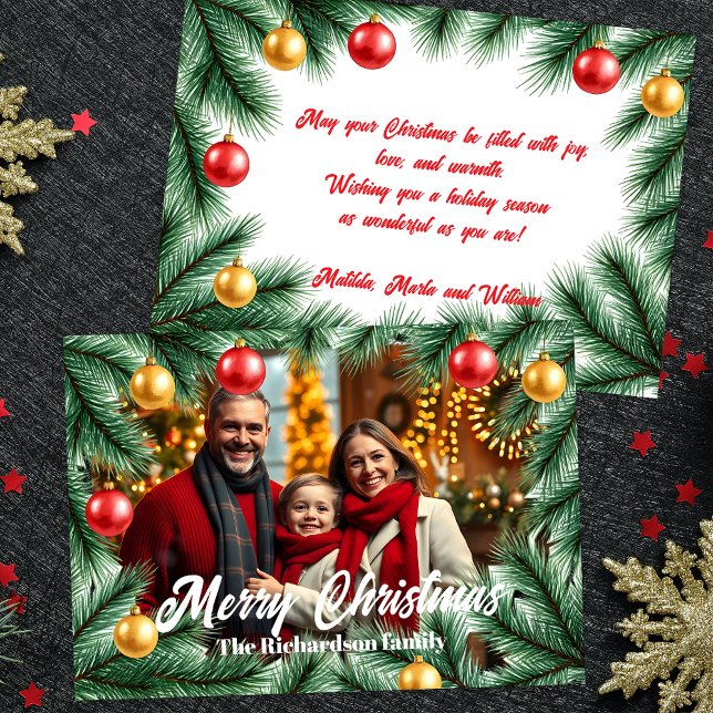 Cartes Pour Fêtes Annuelles Branches de pin festif Baubles Photo Noël (Créateur téléchargé)