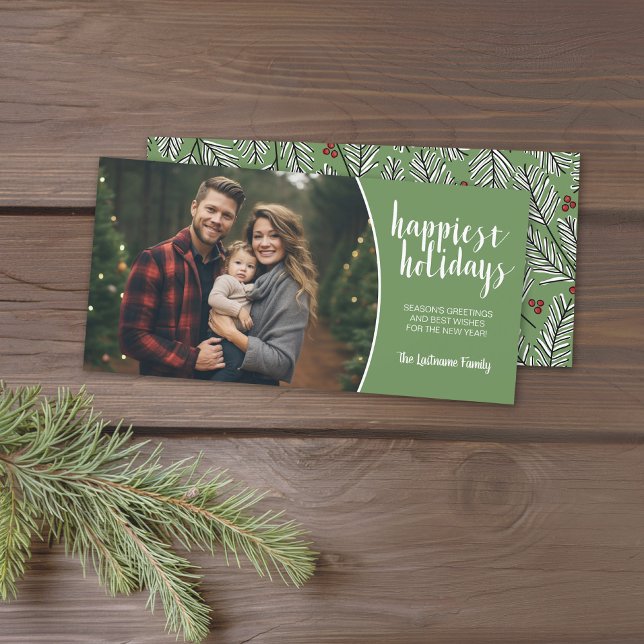 Cartes Pour Fêtes Annuelles Branches lunaires avec photo horizontale (Holiday Photo card with 1 Photo and Green and White Accents. Download Option Available.)