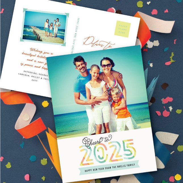 Cartes Pour Fêtes Annuelles Bravo à 2025 Citrus Stripes Bonne Année Photo (Cheers to 2025 Citrus Stripes Happy New Year Photo Holiday Postcard @ fat_fa_tin)