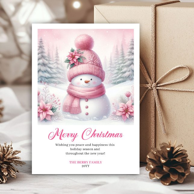 Cartes Pour Fêtes Annuelles Bright pink snowman Christmas kids greeting card   (Bright pink snowman Christmas kids greeting card editable)