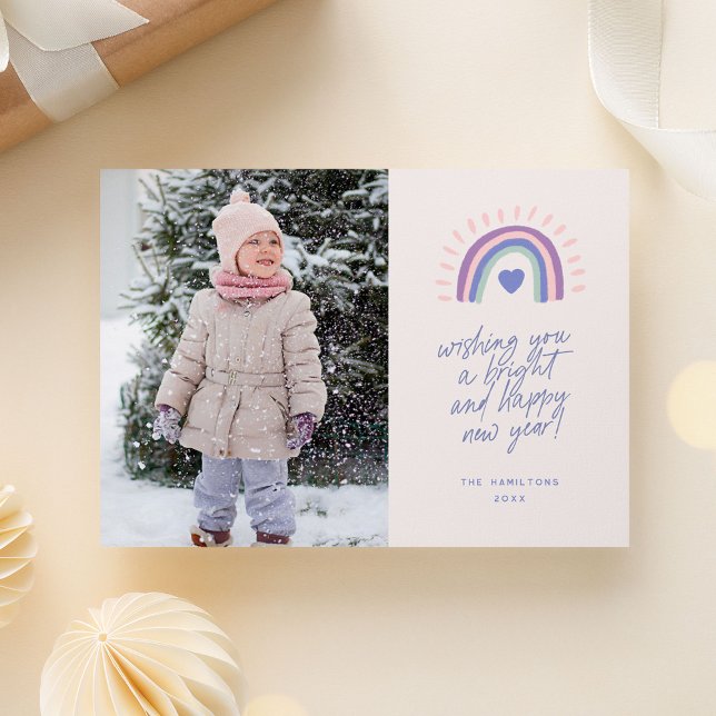 Cartes Pour Fêtes Annuelles Bright Rainbow Script Bonne année photo (bright and colorful new year photo card with hand drawn rainbow)