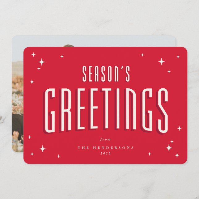 Cartes Pour Fêtes Annuelles Bright Red Bonnes Fêtes Retro Stars Photo (Devant / Derrière)