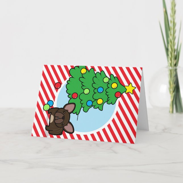 Cartes Pour Fêtes Annuelles Brindle Frenchie avec sapin de Noël sur les bandes (Devant)