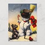 Cartes Pour Fêtes Annuelles British Snowman et Scotty Dog disent "Cheerio !"<br><div class="desc">Image rétro en couleur de petit écossais noir Terrier et Snowman ensemble sur la neige. Noël avec la légende de "Cheerio !"</div>