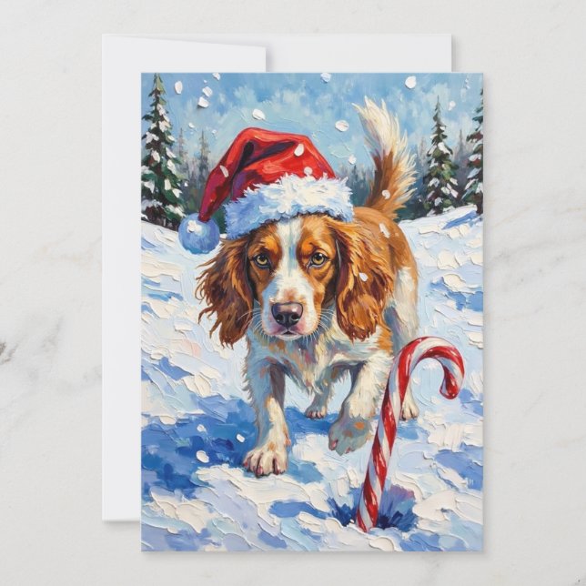 Cartes Pour Fêtes Annuelles Brittany Spaniel Dog Pointing at Christmas Candy (Devant)