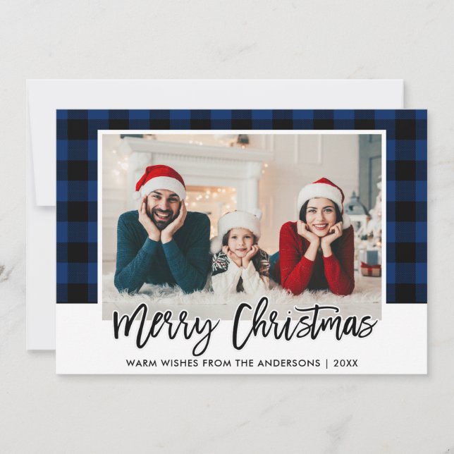 Cartes Pour Fêtes Annuelles Brochure moderne Script Bleu Plaid Photo Noël (Devant)