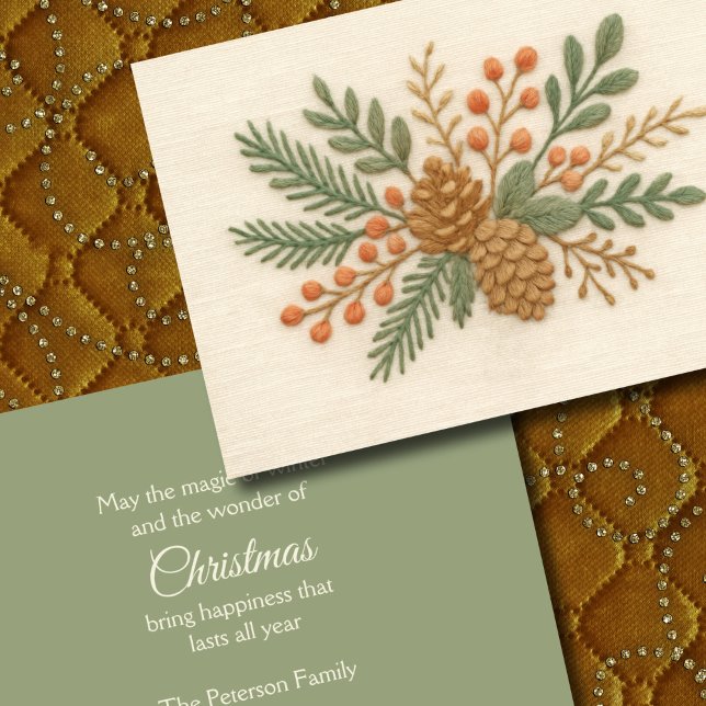 Cartes Pour Fêtes Annuelles Broderie Noël Floral Sprig Pinecone Crème (Créateur téléchargé)