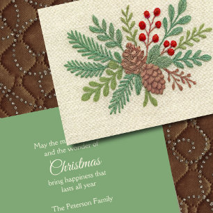 Cartes Pour Fêtes Annuelles Broderie Noël Floral Sprig Pinecone Rouge