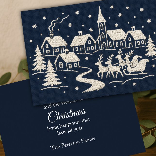 Cartes Pour Fêtes Annuelles Broderie Village de neige de Noël Scène Bleu Blanc (Créateur téléchargé)
