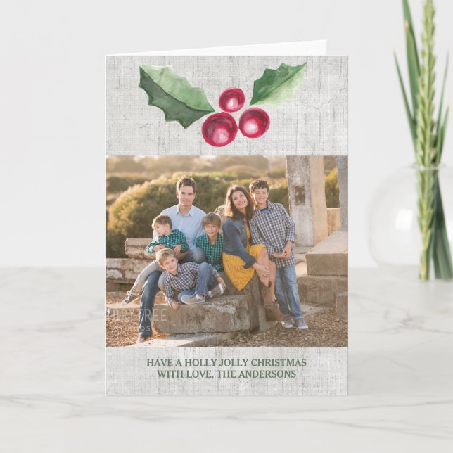 Cartes Pour Fêtes Annuelles Brossé Holly et Berries voeux photo de vacances (Devant)