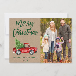 Cartes Pour Fêtes Annuelles Brosse Kraft Script Camion Vintage Photo Noël