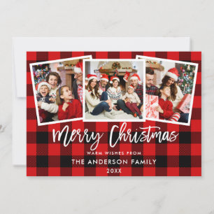 Cartes Pour Fêtes Annuelles Brosse moderne Script 3 Photo Christmas Red Plaid