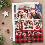Cartes Pour Fêtes Annuelles Brosse moderne Script 4 Photo Noël Rouge Plaid<br><div class="desc">Brosse moderne Script 4 Photo Joyeux Noël Carte de famille - Rouge</div>