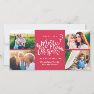 Cartes Pour Fêtes Annuelles Brosse moderne Script Noël Holiday 4-Photo Rouge