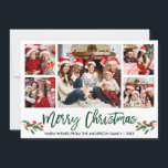 Cartes Pour Fêtes Annuelles Brosse moderne Script Vert 5 Photo Famille Noël<br><div class="desc">Brosse moderne Script 5 Photo Famille Photo Collage Joyeux Noël Carte inclut Aquarelle Noël Fruits de Noël - Script vert</div>