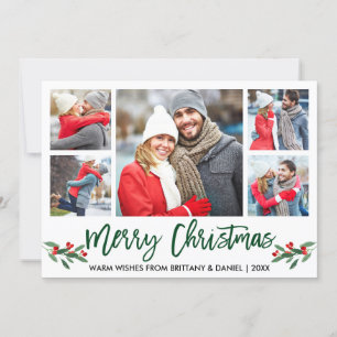 Cartes Pour Fêtes Annuelles Brosse moderne Script vert 5 Photo Joyeux Noël