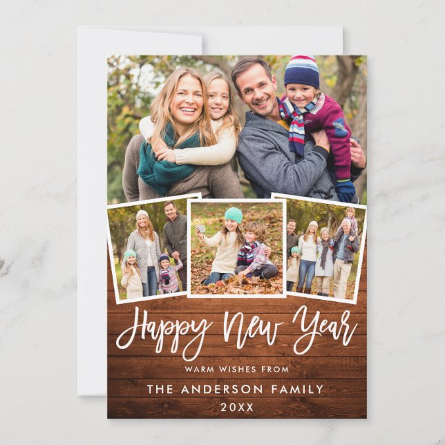 Cartes Pour Fêtes Annuelles Brosse Rustique en bois Script 4 Photo Nouvel An (Devant)