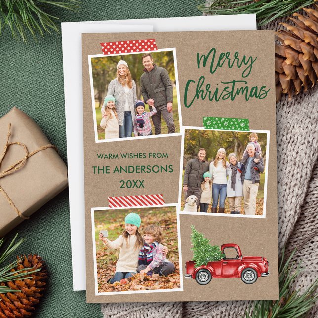 Cartes Pour Fêtes Annuelles Brosse Script artisanal Bande Camion Kraft de Noël (Customize to add text or more photos to back of card.)