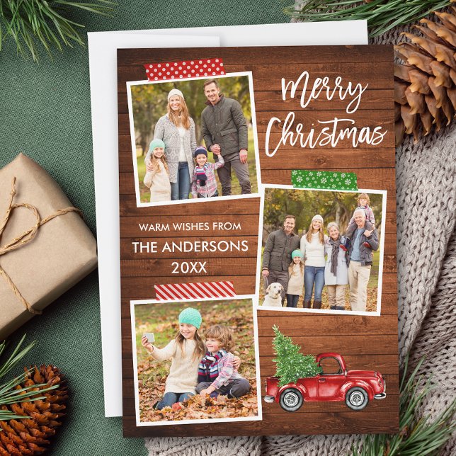 Cartes Pour Fêtes Annuelles Brosse Script artisanal Bande de bois Camion de bo (Customize to add text or more photos to back of card.)